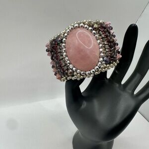 Handmade Rose Quartz Beaded Cuff Bohemian style Bracelet